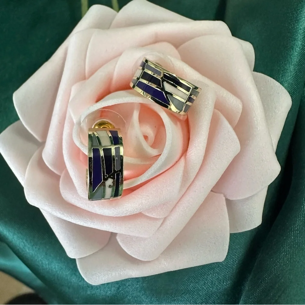 Gold-Plated Enamel Inlay Hoop Earrings • Purple & Lilac Mosaic